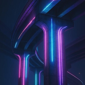 May include: A night-time view of a motorway overpass, lit with neon lights. The concrete structures are highlighted with bright pink and blue lines, giving a futuristic feel. The scene is set against a dark, atmospheric sky.