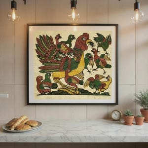 May include: Framed artwork featuring a colorful illustration of a rooster and several other birds. The rooster is the central figure, with a red comb and green and brown feathers. The artwork is displayed above a marble countertop.
