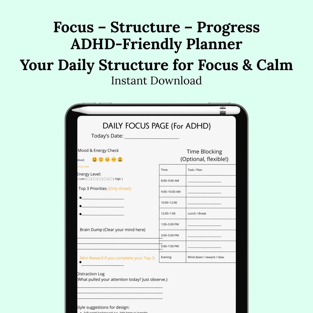 ADHD Digital Planner Daily, Weekly Monthly Focus Pages Printable PDF ...