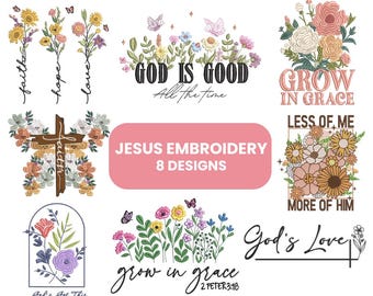 May include: Eight Jesus embroidery designs are shown, featuring floral arrangements, crosses, and phrases such as "God is Good" and "Grow in Grace." The designs are available in multiple sizes, ranging from 10.16 cm to 20.32 cm.
