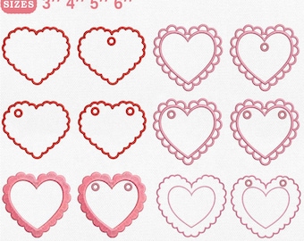 以下が含まれることがあります： 12種類のハートデザインの刺繍デザインセット。サイズは7.6cm、10.2cm、12.7cm、15.2cmの4種類。スカラップエッジや上部に小さな穴があるものなど、さまざまなスタイルのハートが含まれています。ファイル形式はPES、DST、EXP、JEF、VP3、HUS、XXXです。