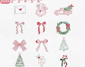 May include: A digital collection of twelve Christmas-themed embroidery designs for machines, including a letter, Santa Claus, a truck with a tree, various bows, a wreath, two pine trees, a mailbox labelled Letters to Santa, and a candy cane.