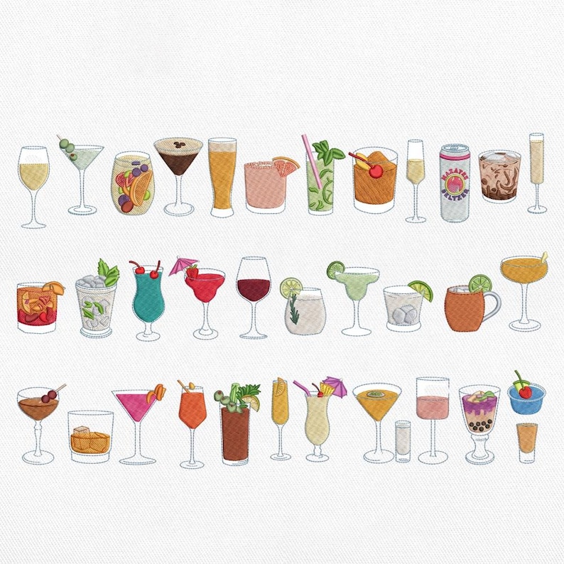 May include: An embroidered design featuring a variety of cocktails in different glasses. The drinks include martinis, margaritas, and other mixed beverages, each with unique garnishes like fruit slices, olives, and cherries. The design is on a white background.