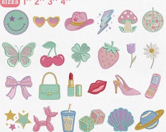 Y2K Preppy Mini Embroidery Design Bundle, 24 Girly Chic Icons Machine Embroidery Files, Retro Cute Digital Download PES DST