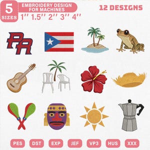 Op de afbeelding: Een borduurontwerp set met 12 tropische thema ontwerpen. Ontwerpen omvatten een Puerto Ricaanse vlag, een kikker, een gitaar, een hibiscusbloem, een strohoed en een koffiezetapparaat. De ontwerpen zijn verkrijgbaar in 5 maten, van 2,5 cm tot 10 cm.