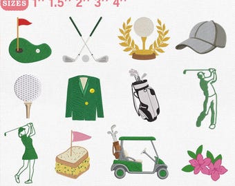 Paquete de diseños de bordado a máquina de minigolf, chaqueta verde, minidiseños de golf, bordado de cuello polo, 5 tamaños PES DST