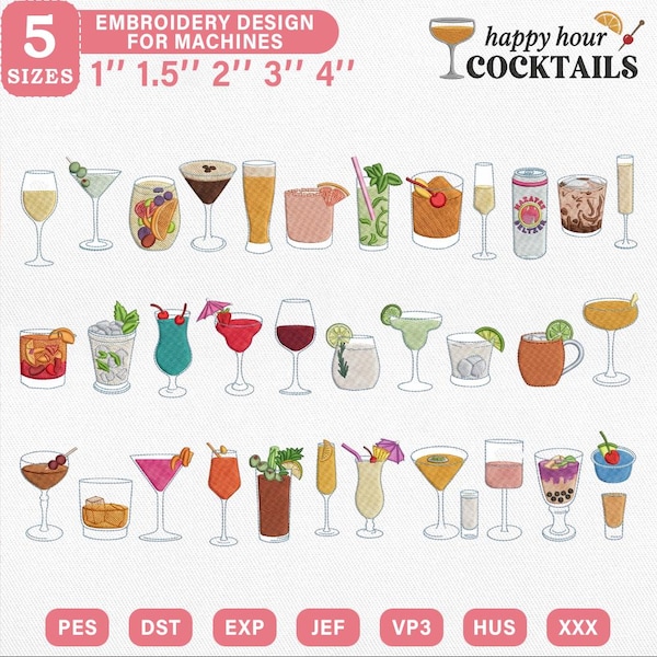 Happy Hour Cocktail Borduurpakket, Margarita Martini Moscow Mule Bar Drankmachine Bestand, Digitaal Bestand, Direct Downloaden, Pes Dst Jef Vp3