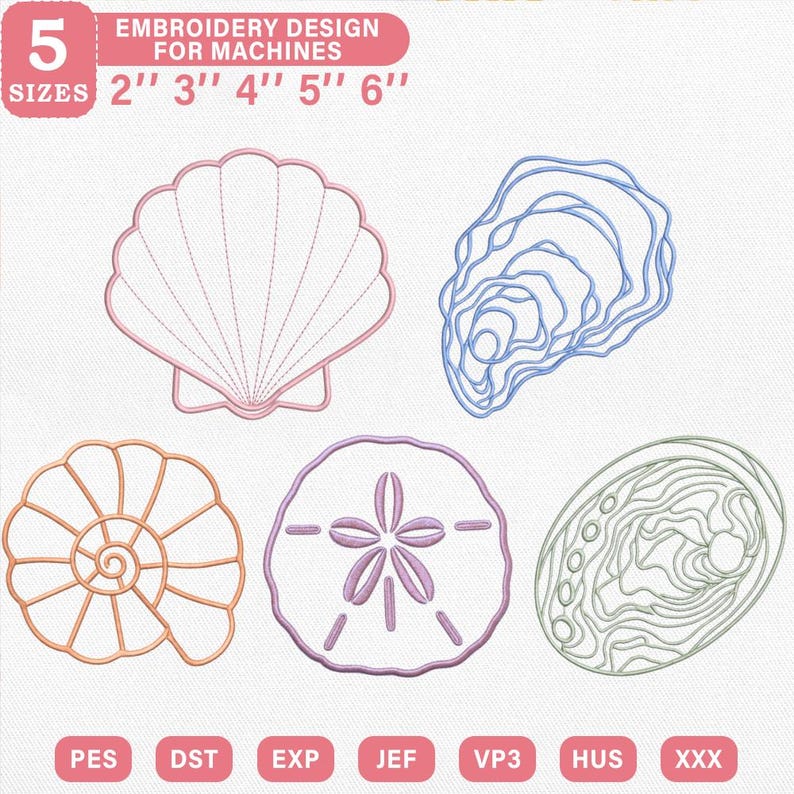 ITH Muschel-Servietten-Applikationsstickerei-Design | 5er-Set Muscheln (PES, DST, JEF, VP3) | Sofort-Download Bild 1