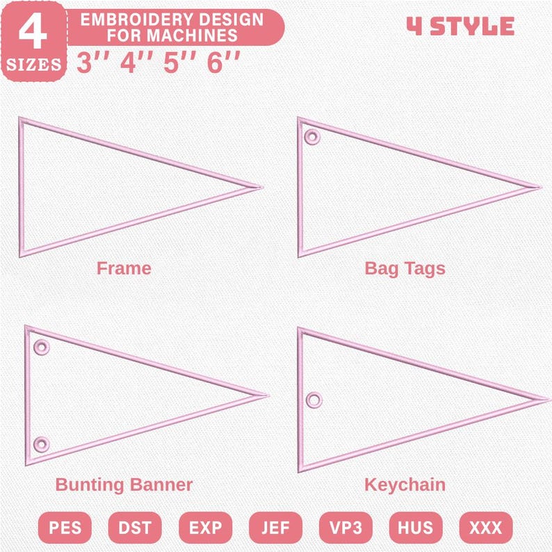 May include: An embroidery design for machines, featuring four styles of pennant shapes: Frame, Bag Tags, Bunting Banner, and Keychain. The design is available in four sizes: 3", 4", 5", and 6". The image includes the text "EMBROIDERY DESIGN FOR MACHINES".