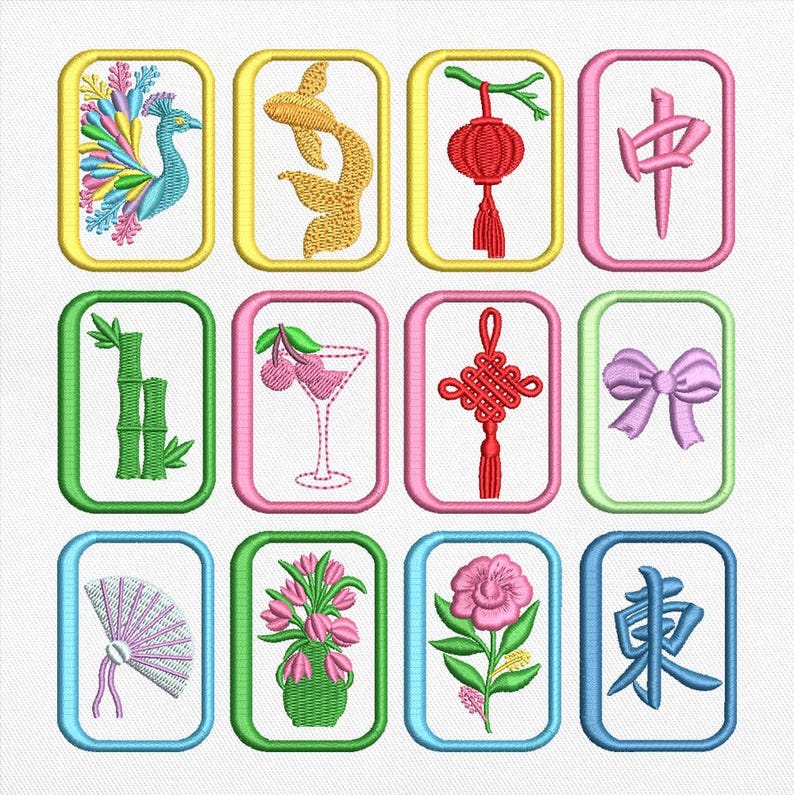 Puede incluir: Un conjunto de doce dise&ntilde;os rectangulares de bordado a m&aacute;quina con motivos coloridos que incluyen un pavo real, pez dorado, linterna, car&aacute;cter chino, bamb&uacute;, cerezas en una copa, nudo decorativo, lazo, abanico, tulipanes, flor y car&aacute;cter chino.