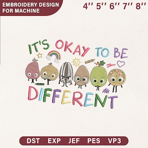 Design de bordado "Ser diferente é normal", bordado à máquina com arco-íris para conscientização do autismo, arquivo digital com personagens inclusivos, formatos PES, JEF e DST.