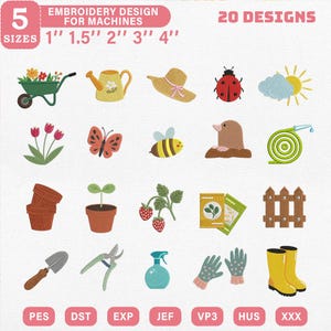 May include: An embroidery design set for machines, featuring 20 garden-themed designs. Includes a wheelbarrow, watering can, ladybug, and more. Available in 5 sizes: 1", 1.5", 2", 3", and 4" for various projects. Includes PES, DST, EXP, JEF, VP3, HUS, and XXX formats.