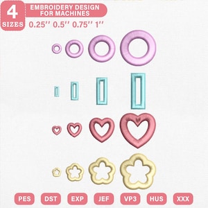 Puede incluir: Un diseño de bordado para máquinas con cuatro tamaños de varias formas: círculos, rectángulos, corazones y flores. Los tamaños son 0,64 cm, 1,27 cm, 1,91 cm y 2,54 cm. El diseño incluye el texto "EMBROIDERY DESIGN FOR MACHINES".