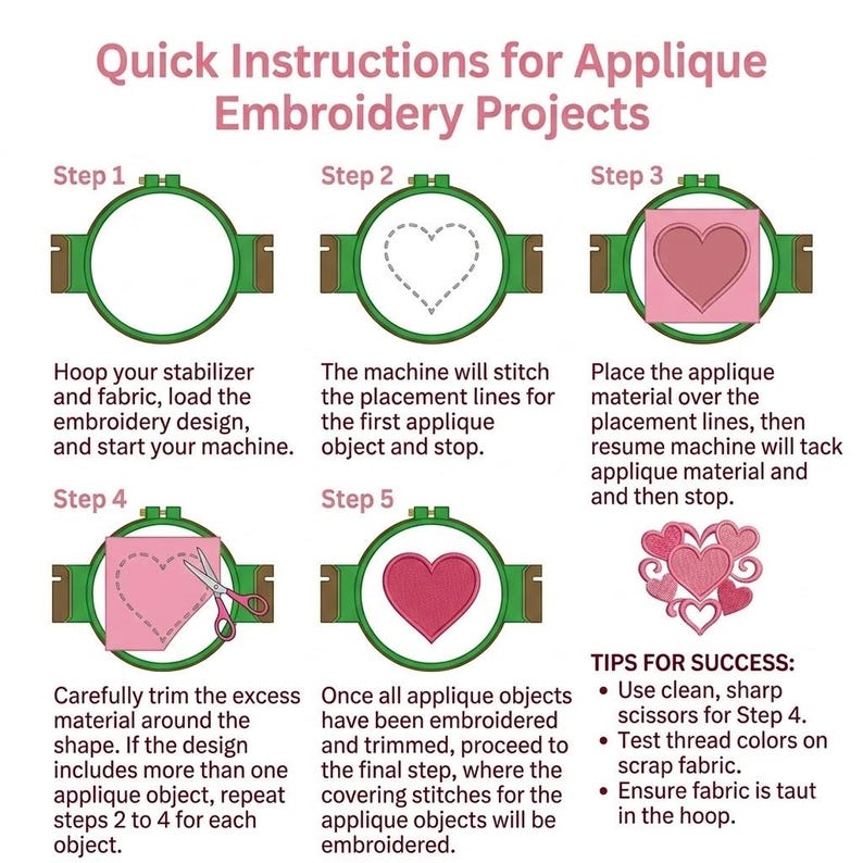 May include: Step-by-step instructions for applique embroidery projects. The guide shows how to hoop fabric, stitch placement lines, place applique material, trim excess, and embroider. Includes tips for success.