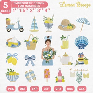 Puede incluir: Un conjunto de diseños de bordado con temática de verano, que incluyen un scooter, un velero, helado, sombrero, sombrilla, tarta, cesta, mujer, limonada, concha, limones, chanclas, paleta, botella y trajes de baño. Los diseños están disponibles en 5 tamaños.