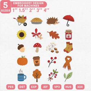 May include: A digital collection of autumn-themed embroidery designs for machines, featuring icons like a wheelbarrow, pie, hedgehog, umbrella, sunflower, leaves, jam, acorn, mushroom, nuts, socks, pumpkin, coffee cup, berries, scarf, and tree in 5 sizes: 1", 1.5", 2", 3", and 4".