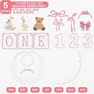 May include: A collection of machine embroidery designs for a 1st birthday. Includes a goose, teddy bear, bows, numbers 1, 2, and 3, a bib, and the word "ONE". The designs are in pink and white.