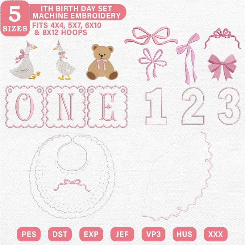 May include: A collection of machine embroidery designs for a 1st birthday. Includes a goose, teddy bear, bows, numbers 1, 2, and 3, a bib, and the word "ONE". The designs are in pink and white.
