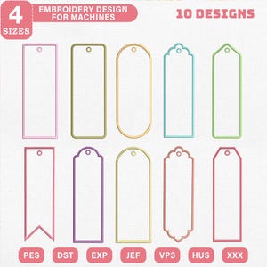 May include: An image showcasing ten embroidery designs for machines in various shapes and colors, including rectangles, ovals, and tag-like forms. The designs are outlined in shades of pink, green, gold, and purple. The image also displays the text "EMBROIDERY DESIGN FOR MACHINES" and "10 DESIGNS".