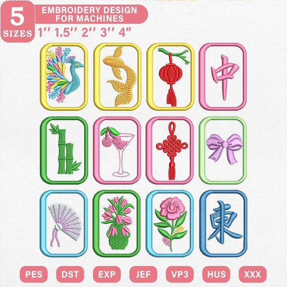 Preppy Mahjong Tile Mini Machine Pattern Bundle, Pastel Chinoiserie Art, Grandmillennial Coquette Digital Download Pes Dst Jef Vp3