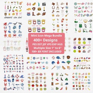 Mini Icon Embroidery Bundle, 400+ Designs, Summer Cocktail, Sea Animal, Sports, 4th Of July, Texas (Instant Download)