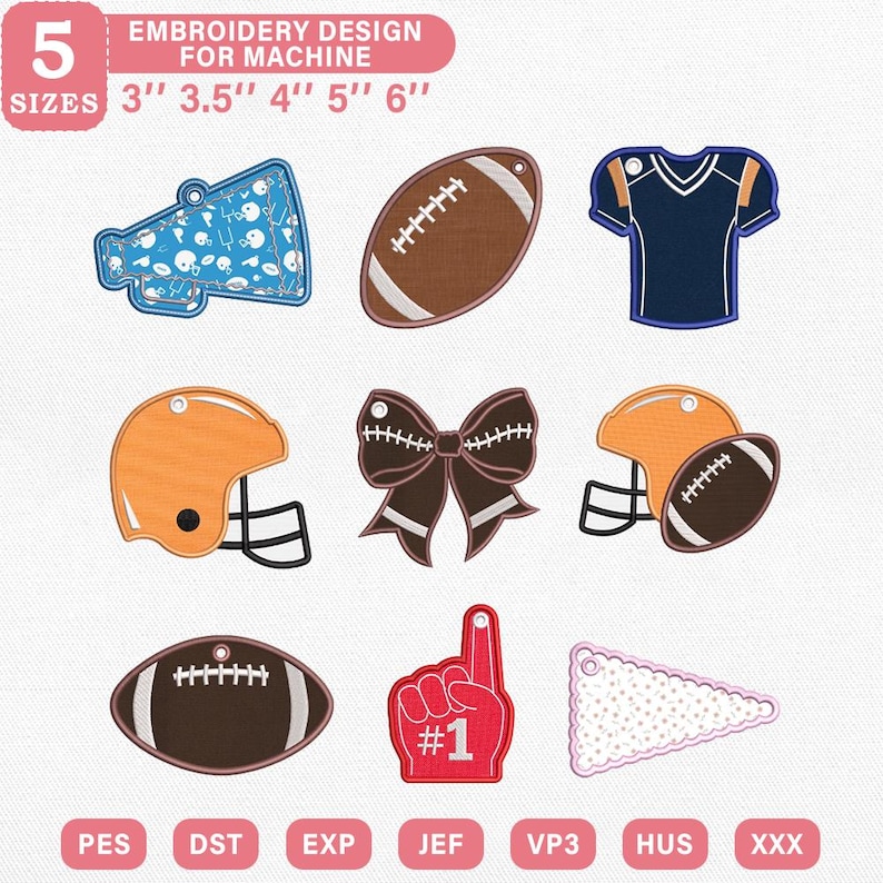 K&ouml;nnte beinhalten: Ein digitales Stickmuster-Set mit acht sportbezogenen Motiven: ein blaues Megafon, ein brauner Football, ein dunkelblaues Trikot, ein orangefarbener Helm, eine braune Schleife, ein orangefarbener Helm mit Football, ein roter Schaumstofffinger und ein wei&szlig;er Wimpel.