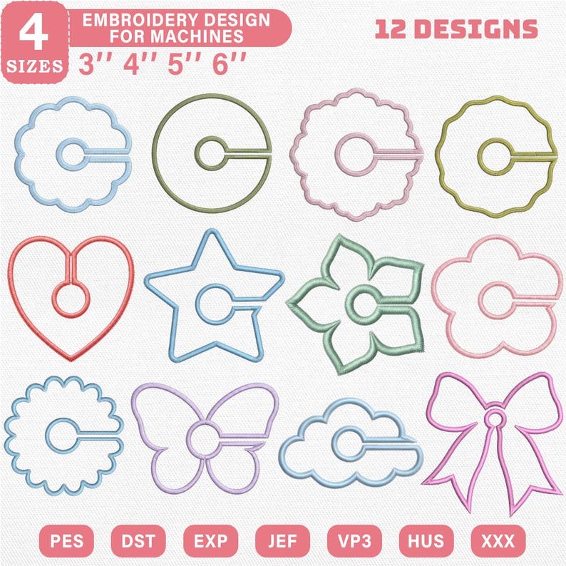 May include: A collection of 12 embroidery designs for machines, featuring various shapes like hearts, stars, flowers, and bows. Designs come in 4 sizes: 3", 4", 5", and 6". The designs are in multiple file formats, including PES, DST, EXP, JEF, VP3, HUS, and XXX.