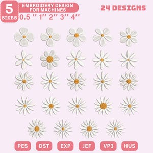 Könnte beinhalten: Eine Sammlung von 24 Maschinenstickmustern mit Gänseblümchen. Die Designs sind in 5 Größen erhältlich, von 1,27 cm bis 10,16 cm. Die Gänseblümchen sind weiß mit gelben Zentren. Das Bild enthält Dateityp-Abkürzungen.