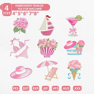 May include: A set of pink embroidery designs with summer and beach motifs. Designs include a sailboat, cocktail, bikini, flowers, a beach bag, a sun hat, a beach umbrella, and an ice cream cone. The text reads "EMBROIDERY BUNLDE FILE FOR MACHINE" and "SIZE 4" 5" 6" 7"8".