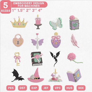 Puede incluir: Un conjunto de diseños de bordado digital con 16 iconos: corona dorada, vela rosa, mariposa, libros, candado de corazón, espada con alas, frasco de poción, pluma, llave, dragones, rosa, sombrero de bruja y espada en un libro. Texto: 5 SIZES 1" 1.5" 2" 3" 4".