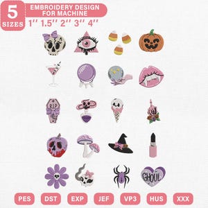 May include: A collection of twenty Halloween-themed embroidery designs for machines, including a skull, eye, pumpkin, crystal ball, lips, coffin, ice cream, witch hat, lipstick, spider, and heart with the text GHOUL. Available in 1, 1.5, 2, 3, and 4 inch sizes.