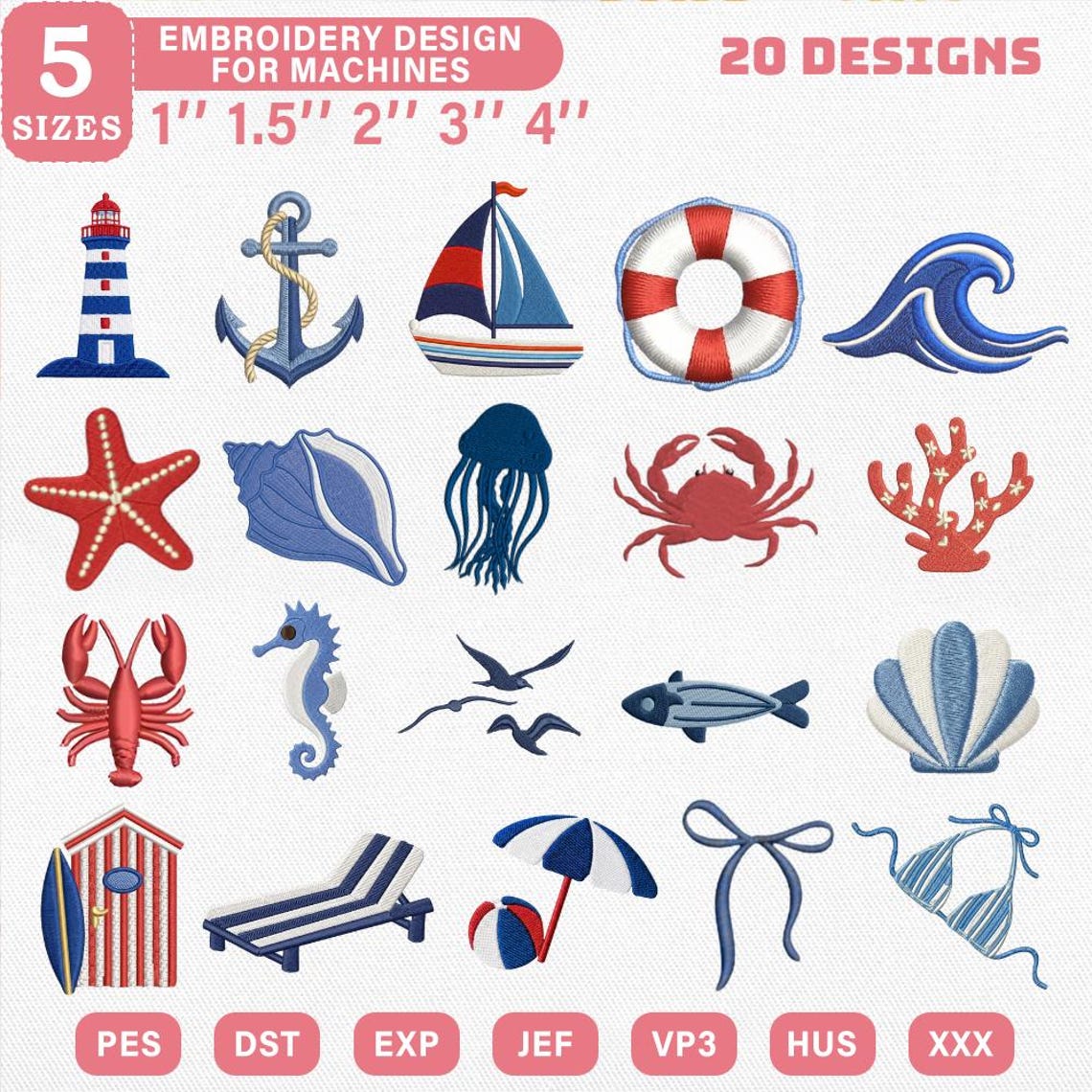 25 Mini Coastal Embroidery Designs Bundle, Mini Nautical Machine File ...