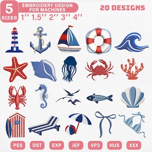 Pacchetto di 25 mini disegni per ricamo costiero, mini file nautico per macchina da ricamo, file per ricamo a macchina con oceano e spiaggia dai colori pastello, download digitale