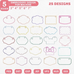 May include: A collection of 25 embroidery designs for machine use, showcasing a variety of shapes and styles. The designs are available in 5 sizes, from 7.6 cm to 17.8 cm. The image includes the text "EMBROIDERY DESIGN FOR MACHINE" and file type abbreviations.