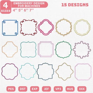 Può includere: Immagine che mostra 15 disegni di ricamo per macchine, con varie forme di cornici in colori come blu, bordeaux, rosa, oro e verde. I disegni sono disponibili in quattro misure: 10 cm, 13 cm, 15 cm e 18 cm. L'immagine mostra anche formati di file: PES, DST, EXP, JEF, VP3, HUS e XXX.