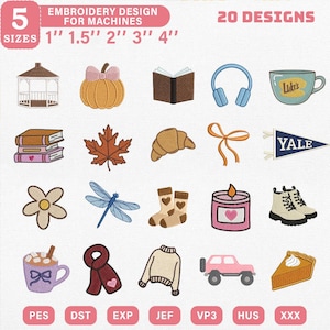 May include: An embroidery design set featuring 20 designs in 5 sizes: 1", 1.5", 2", 3", and 4". The designs include a gazebo, pumpkin, open book, headphones, coffee cup, books, leaf, croissant, bow, pennant, flower, dragonfly, socks, candle, boots, hot chocolate, scarf, sweater, car, and pie.