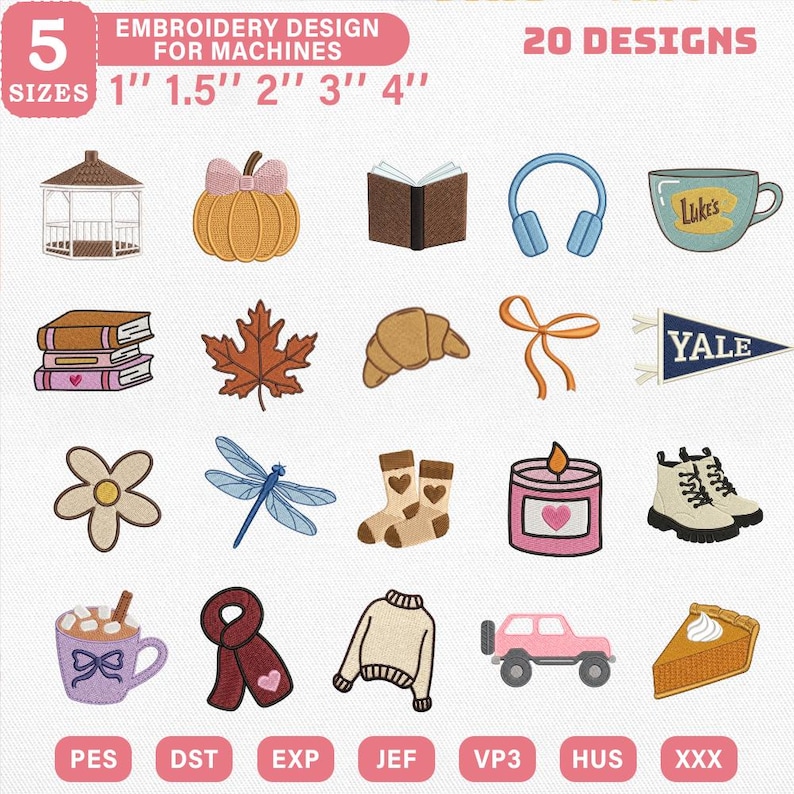 May include: An embroidery design set featuring 20 designs in 5 sizes: 1", 1.5", 2", 3", and 4". The designs include a gazebo, pumpkin, open book, headphones, coffee cup, books, leaf, croissant, bow, pennant, flower, dragonfly, socks, candle, boots, hot chocolate, scarf, sweater, car, and pie.