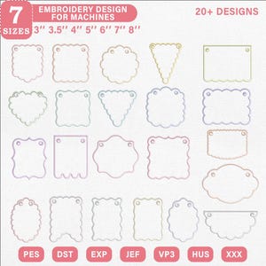 May include: A digital collection of over 20 embroidery designs for machines, featuring 7 sizes from 3 to 8 inches. The image displays various outline shapes including scalloped rectangles, triangles, and ovals, with file formats PES, DST, EXP, JEF, VP3, HUS, and XXX.