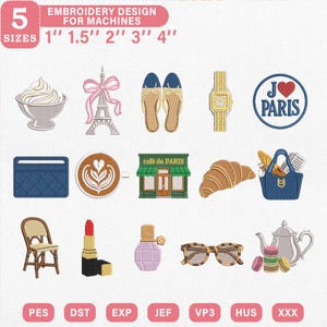Può includere: Un set di ricami digitali con 14 icone a tema parigino, tra cui una ciotola di panna, la Torre Eiffel, mocassini, un orologio, un emblema I Love Paris, un portafoglio, un latte, un caffè, un croissant, una borsa e una teiera.
