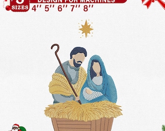 May include: Christmas embroidery design for machines featuring a nativity scene with Mary, Joseph, and baby Jesus. The design includes the text "CHRISTMAS EMBROIDERY DESIGN FOR MACHINES" and sizes 4", 5", 6", 7", and 8".