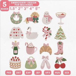 Könnte beinhalten: Ein digitales Stickmuster-Set mit 16 festlichen Symbolen, darunter ein Kranz, ein Dackel, ein Schneemann, ein Cocktailglas, ein Pullover, ein Schwan, eine Zuckerstange, ein Baum, Champagner, Kakao, ein Croissant, ein Stiefel, ein Kuchen, eine Handtasche, Ballettschuhe und Kirschen.