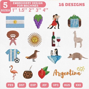 Puede incluir: Una colección digital de 16 diseños de bordado con iconos de Argentina, incluyendo la bandera nacional, un sol, una camiseta de fútbol, un flamenco, una llama, un armadillo, una botella de vino, una pareja de tango y la palabra Argentina.