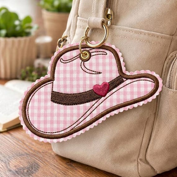 ITH Cowgirl Hat Applique Embroidery Design, Pink Western Bag Tag Keychain, Digital File, Instant Download, Pes Dst Jef Vp3