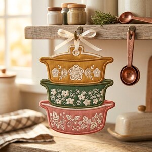 ITH Vintage Casserole Stack Tag Embroidery Design | Retro Kitchen Pyrex Ornament | Baker Applique Patch File PES JEF VP3