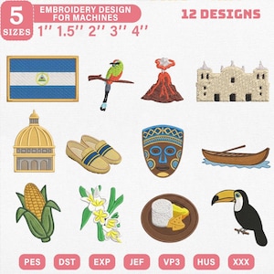 May include: An embroidery design set featuring 12 designs in 5 sizes: 1", 1.5", 2", 3", and 4". Designs include a flag, bird, volcano, building, sandals, mask, boat, corn, flowers, food, and a toucan. The text reads "EMBROIDERY DESIGN FOR MACHINES".