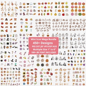 Könnte beinhalten: Eine digitale Sammlung von über 450 Stickmustern mit saisonalen Symbolen wie Kürbissen, Geistern, Gänsen und Herbstblättern. Das zentrale rosa Etikett lautet: Mini Icon Mega Bundle 450+ Designs PES DST JEF VP3 EXP HUS Multiple Size 1" to 6" 100+ BX FONT INCLUDED.