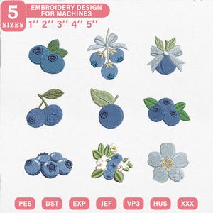 Broderidesign med kökshanddukar av blåbär | Fruktpaket från bondens marknad | Maskinfiler för botaniska bär i 5 storlekar | PES JEF