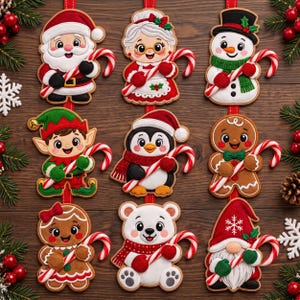 Op de afbeelding: Een set van negen geborduurde kersthangers met de Kerstman, Kerstvrouw, sneeuwman, elf, pinguïn, peperkoekman, peperkoekmeisje, ijsbeer en kabouter, die elk een rood-wit gestreepte zuurstok vasthouden.