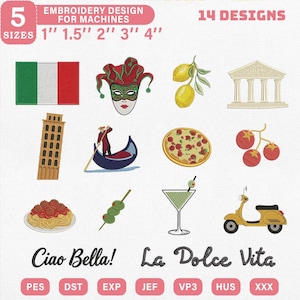 Puede incluir: Conjunto de diseños de bordado con 14 diseños de temática italiana, incluyendo la bandera italiana, una góndola, pizza y una Vespa. Los diseños están disponibles en 5 tamaños: 2.5 cm, 3.8 cm, 5 cm, 7.6 cm y 10 cm. El texto "Ciao Bella! La Dolce Vita" también está incluido.