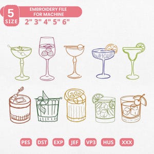 Può includere: Un file di ricamo per macchina con illustrazioni di cocktail, tra cui un martini, margarita e altre bevande miste. L'immagine include anche il testo "EMBROIDERY FILE FOR MACHINE" e opzioni di dimensioni, da 5 cm a 15 cm.